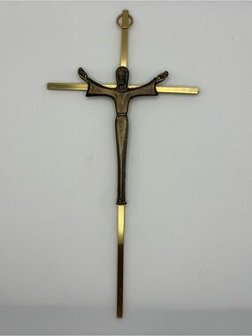 Vintage Mid Century Modern Crucifix Brass Cross Wall Hanging Jesus  Minimalist